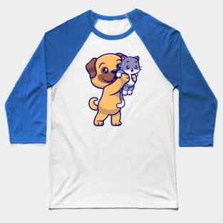 Cute Pug Dog Holding Baby Cat Cartoon Baseball T-Shirt